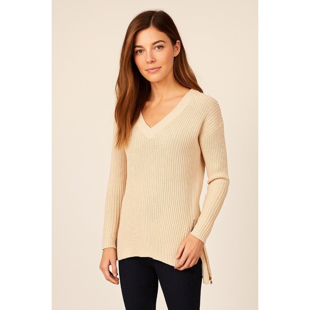 Tyler Böe Cream Ribbed V-Neck Sweater with Gold Side Zippers 100% Cotton, Sz S